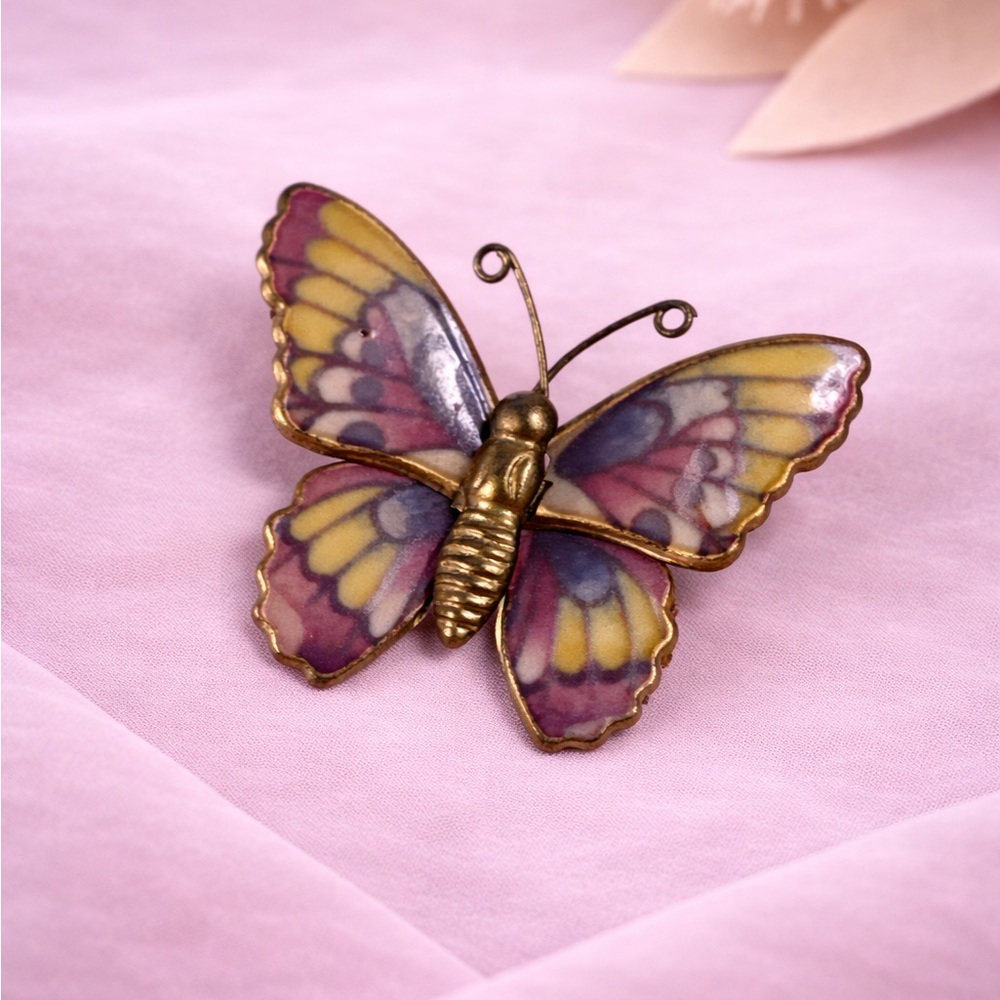 Vintage 1970s Enamel Butterfly Brooch Colorful Brass Tone Pin Made in Taiwan